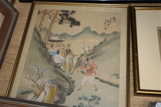 Six Japanese woodblock prints and and a Persian gouache painting, largest 36 x 26cm and a Chinese hardstone elephant